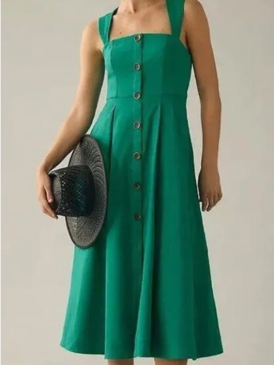 Maeve Dresses & Skirts - Maeve Green Square-Neck Button-Front Midi Dress